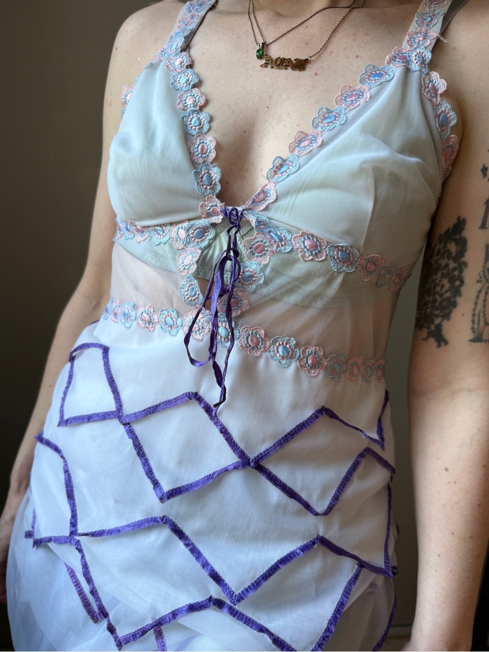 Vintage 90s Sheer Mesh Appliqué Dress | Romantic Boudoir Mini Slip | Size M/L - Picture 3 of 13